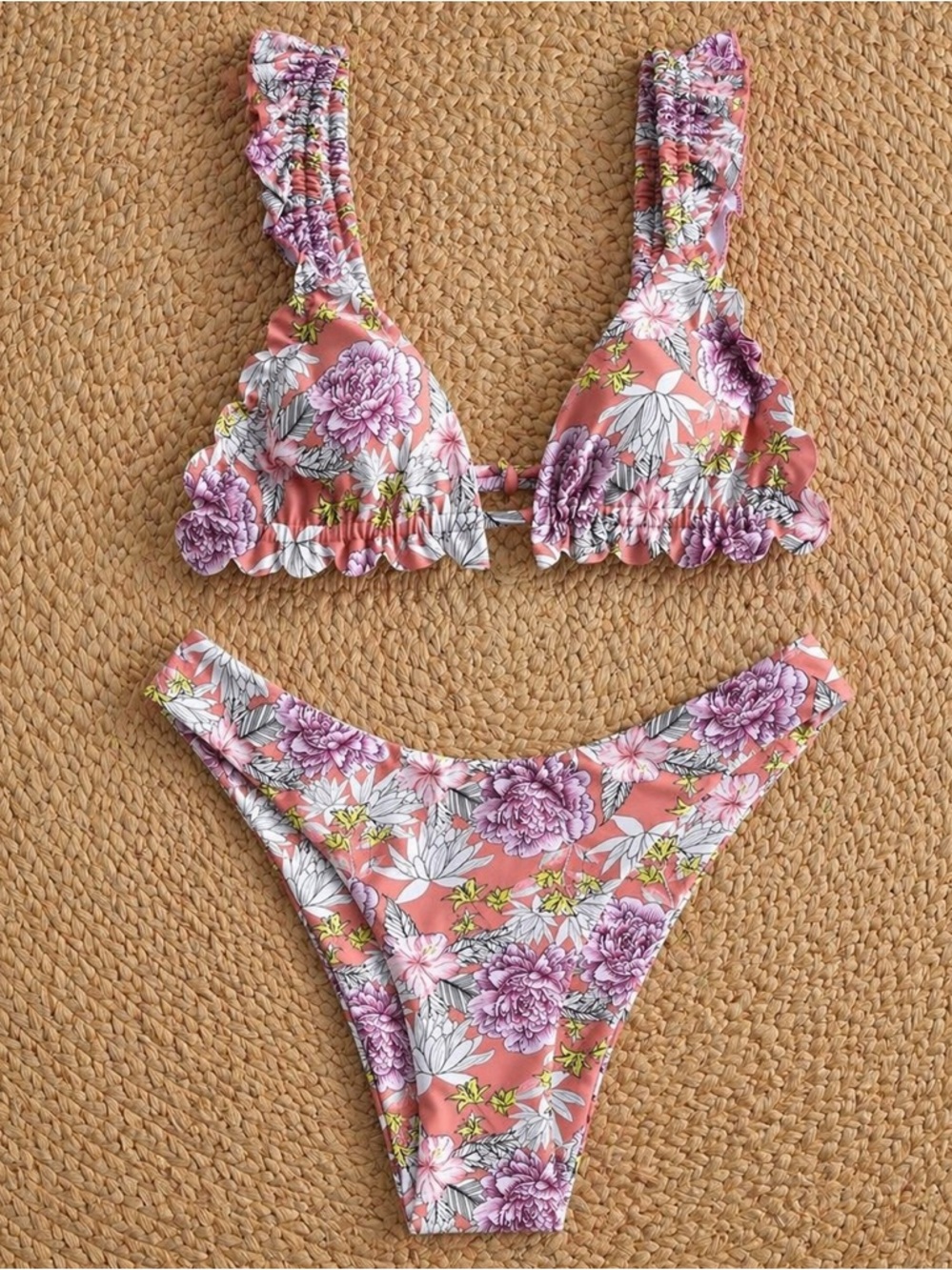 NWT Pilot Active Valencia Bikini Set Floral Ruffle Pink 2 Piece Swimsuit Large